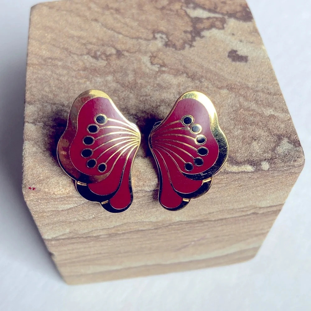 Laurel Burch LE FLEUR Studs Deep Red Black and Gold Tone
